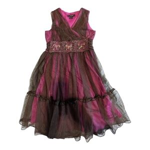 Elegant Pink Dress  Brown Overlay Ruffles Beaded Sash Tie Size 8 Pageant Easter